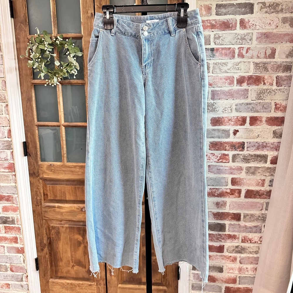 Forever 21 Jeans Women Blue Herringbone Low Rise Wide Leg Indie Boho‎ 25